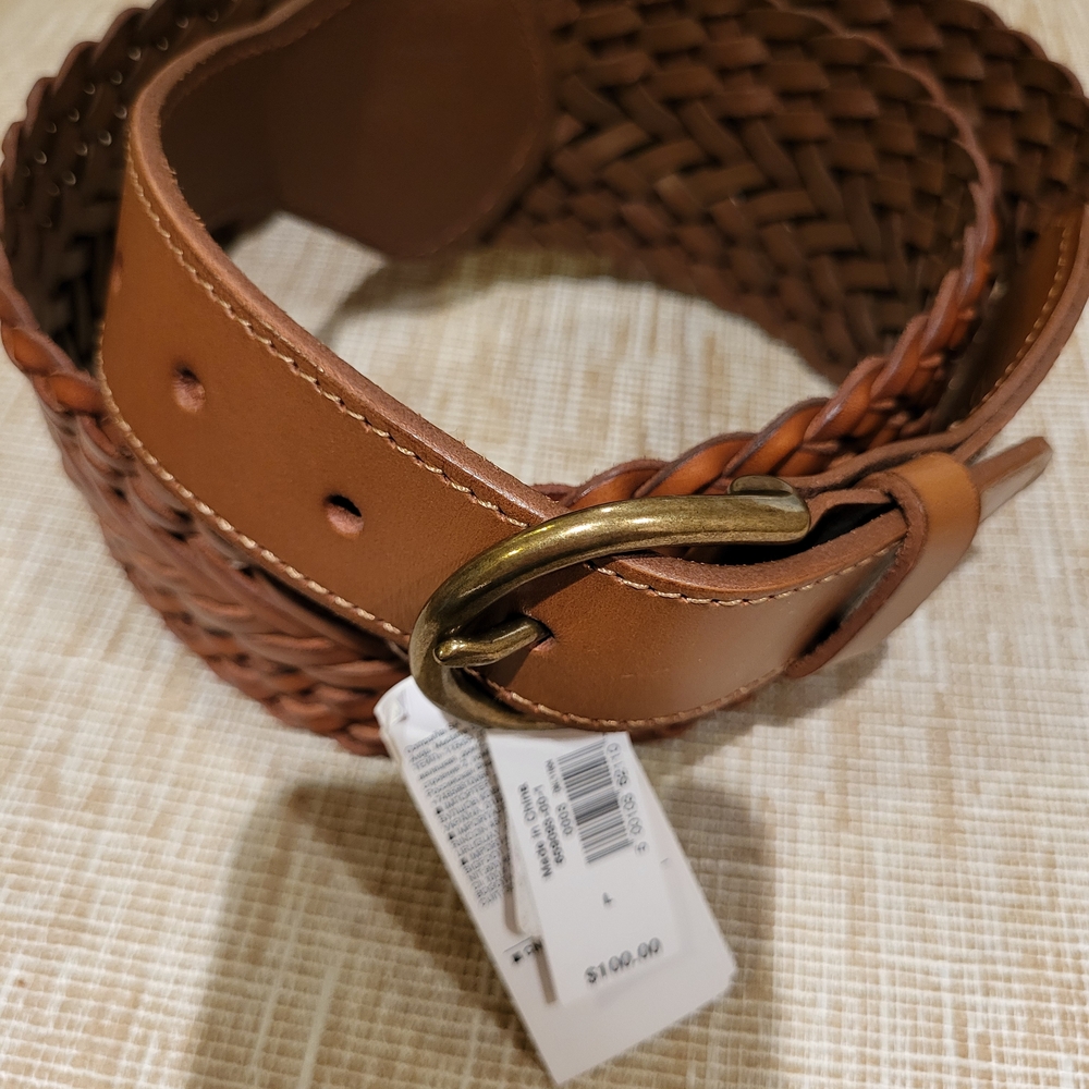 Banana Republic Braided Leather Belt in Cognac Brown with Brass Buckle
